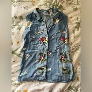 Liz Claiborne Kitschy Florida-print 100% Silk Sleeveless Button-down